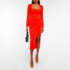 SELF-PORTRAIT Crêpe Ruched Midi Dress in Red Size 4